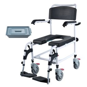 VEVOR Shower Commode Wheelchair with 4 Lockable Wheels, Footrests, Flip-up Arms, 3-Level Adjustable Height, 5L Removable Bucket, 350 LBS Capacity